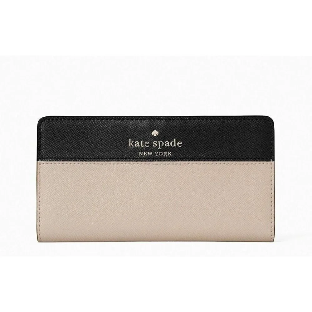 New Kate Spade Staci Large Slim Bifold Wallet Saffiano Leather Warm Beige Multi